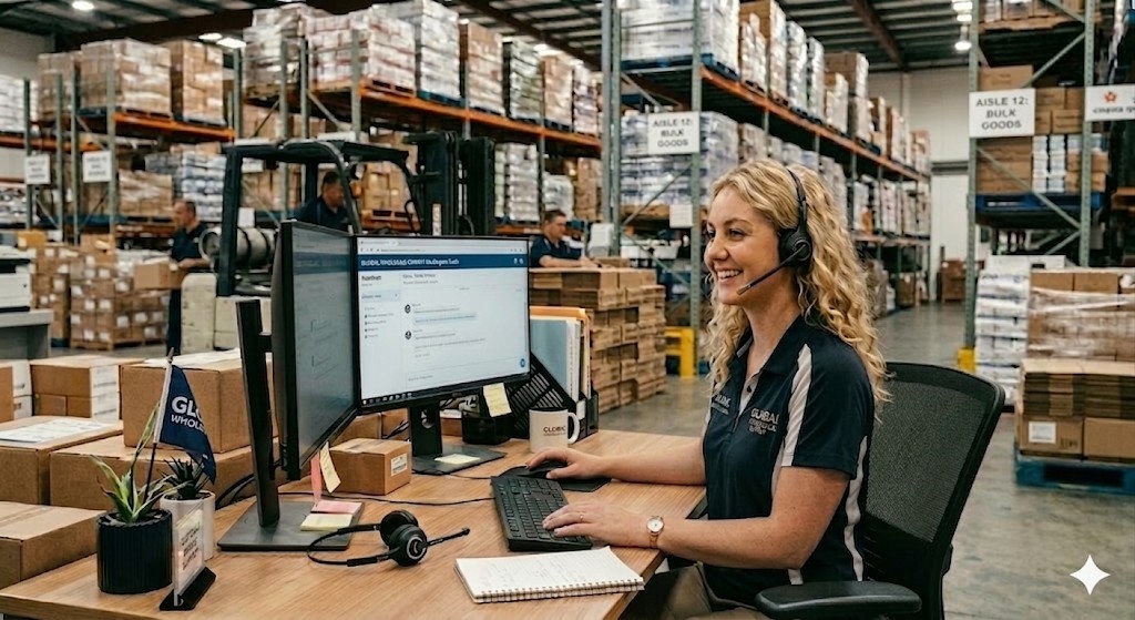 Support representative with headset at a workstation, warehouse operations in the background