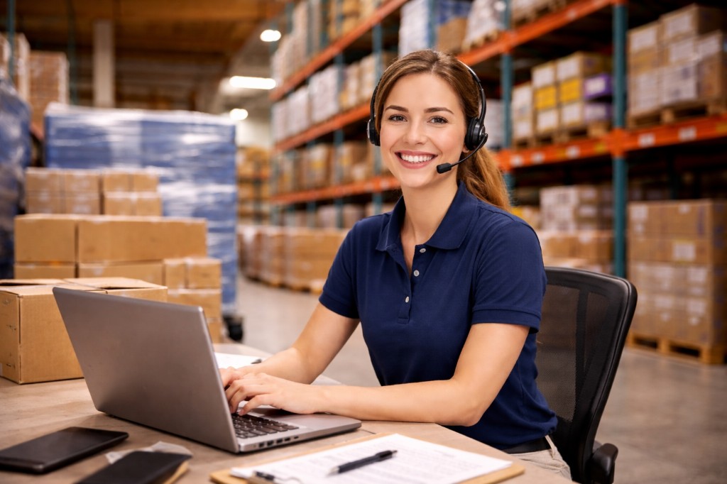Customer service representative with headset and laptop in warehouse, ready to assist
